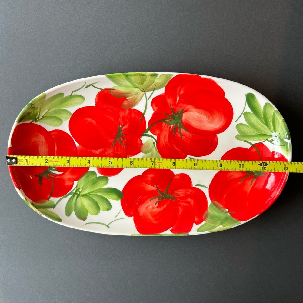 SOLD Vibrant Hand-Painted Ceramic Oval Platter 13", Red Tomatoes, Made in Italy - Picture 12 of 15